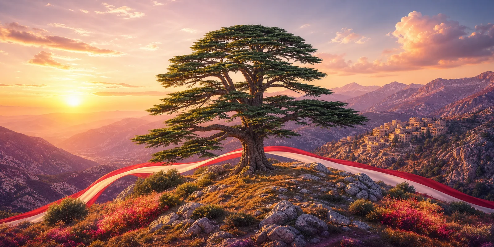 Lebanese cedar overlooking the mountains at sunset